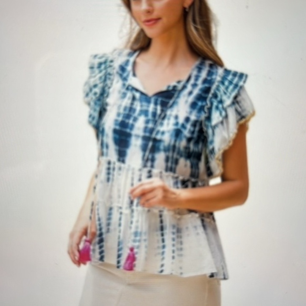 THML Tie Dye Boho Crochet Tassel Blouse Blue NWT XL